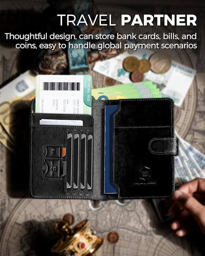 LORZOR Passport Holder for Travel: Full Grain Leather Passport Cover with Airtag Holder Magnetic Buckle for Men - RFID Blocking Bifold Wallet for Air Ticket Card Cash Coin (Black)