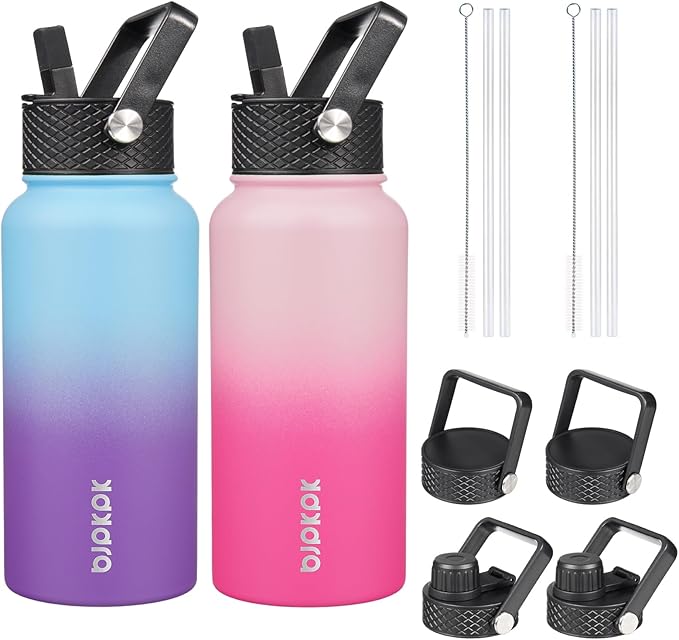 BJPKPK 2 Pack Insulated Water Bottles with Straw Lids, 27oz Stainless Steel Metal Water Bottle with 6 Lids, Leak Proof BPA Free Jugs, Cups, Flasks for Travel, Sports (Cherry+Ocean Dream)