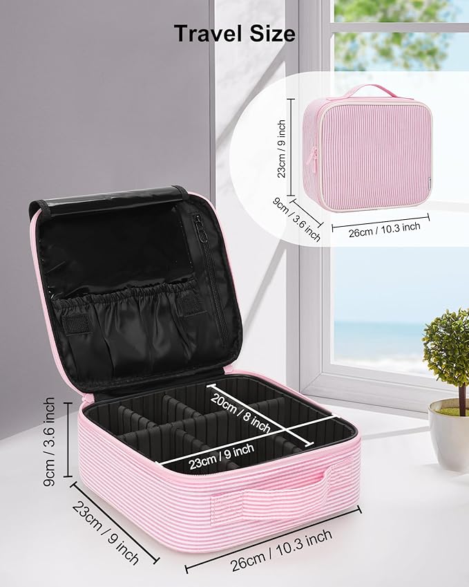 Relavel Travel Makeup Train Case, Portable Cosmetic Case Makeup Organizer, Professional Artist Storage Bag with Adjustable Dividers for Cosmetics Brushes, Birthday Gifts for Girls, Pink Stripe