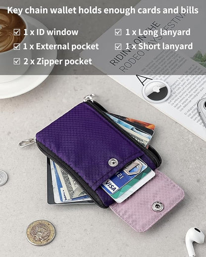 Minimalist Wallet For Mens Womens, Keychain RFID Blocking Zipper Small Wallet with ID Window 2 Lanyards,Water Resistant Travel Cash Card Coin Case Boys Girls