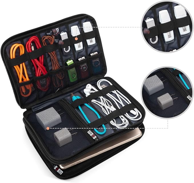 BUBM Double Layer Electronic Accessories Organizer, Travel Gadget Bag for Cables, USB Flash Drive, Plug and More, Perfect Size Fits for iPad Mini (Medium, Blue)