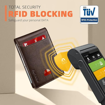 RUNBOX Slim Wallets for Men - Leather Money Clip Mens Wallet - RFID Blocking Front Pocket Bifold Wallet - Thin Credit Card Holder with Gift Box