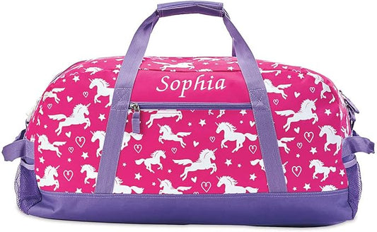 Lillian Vernon Personalized Duffel Bag for Kids, Roomy Pink Unicorn Weekender With Front & Side Compartment, Customizable Girls Sports & Travel Bags With Custom Name, 11" x 12" x 23"