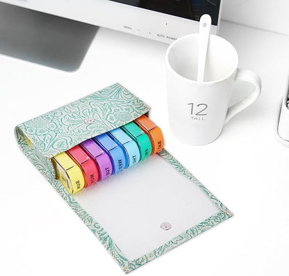 Pill Organizer,Haecsfl Weekly Travel Pill Case Box Medication Reminder Daily AM PM, Day Night 7 Compartments,for 4 Times A Day, 7 Days a Week-Includes Leather PU Carrying Case(1-Carved Green1)