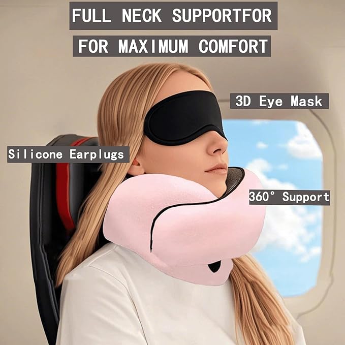 Benebou Travel Neck Pillow for Airplanes, 100% Pure Memory Foam Travel Pillow, 360° Support Ergonomic Design, Portable Airplane Pillow with Washable Cover, Perfect for Airplanes, Car & Office (Pink)