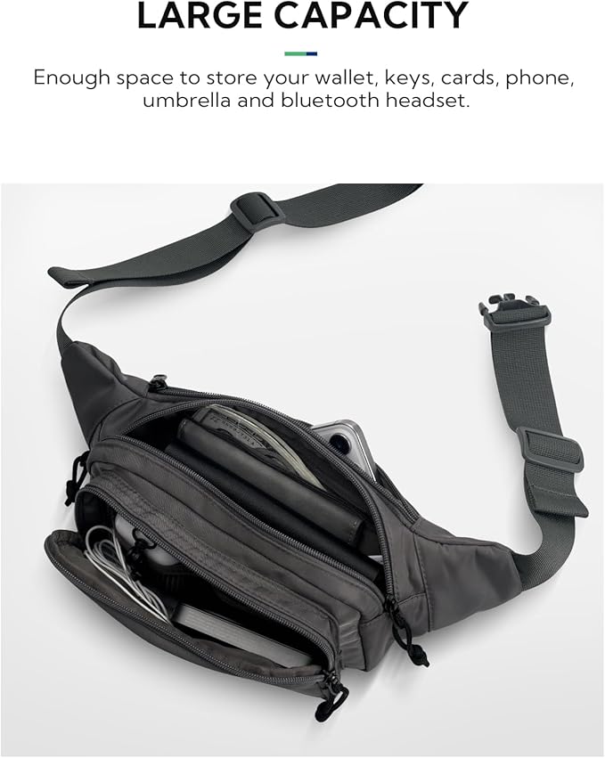 WATERFLY Fanny Pack Waist Packs: Large Crossbody Fanny Packs for Women Men with 5 Zipper Pockets Adjustable Strap Waist Bags Hip Pack for Traveling Cycling Running Hiking-Gray