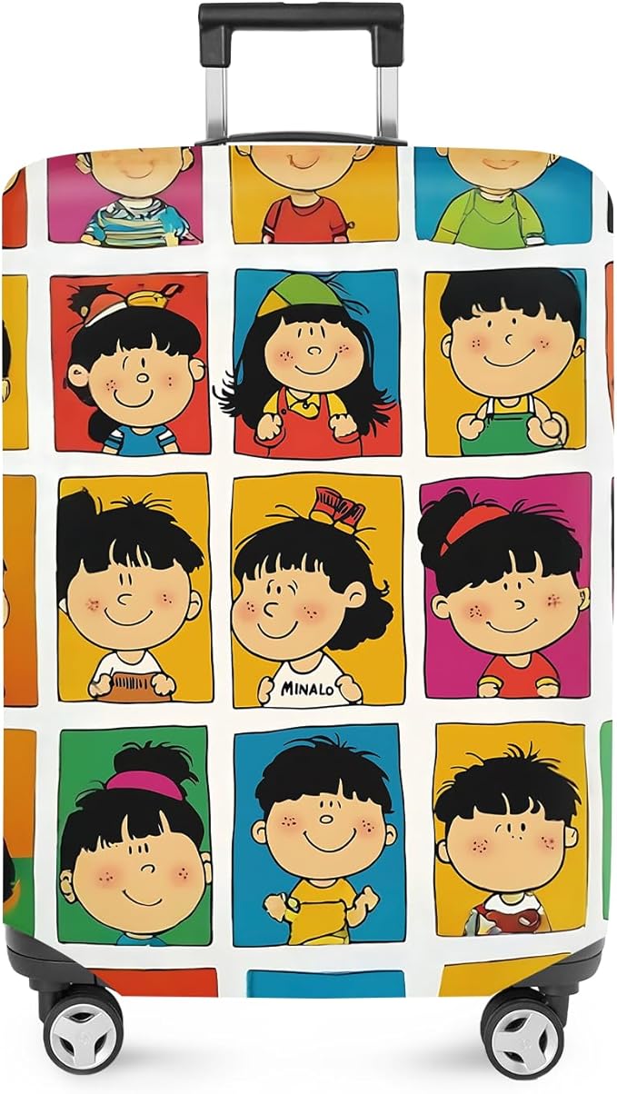 ANNA QUEEN Mina and Friends Luggage Cover, Colorful Cartoon Characters Design, Stretchable, Washable Travel Protector for 20-34 Inch Suitcases