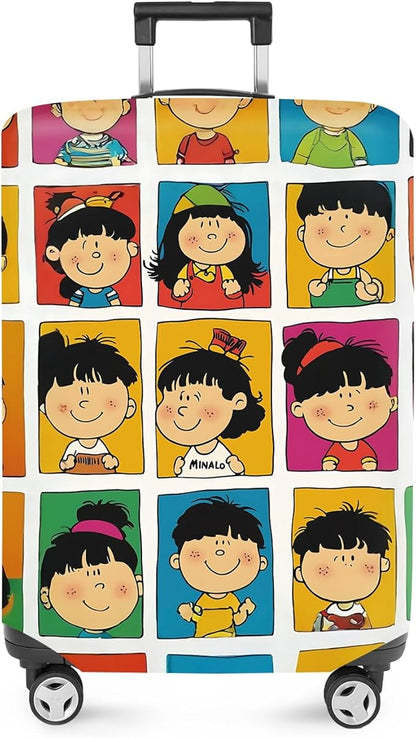 ANNA QUEEN Mina and Friends Luggage Cover, Colorful Cartoon Characters Design, Stretchable, Washable Travel Protector for 20-34 Inch Suitcases