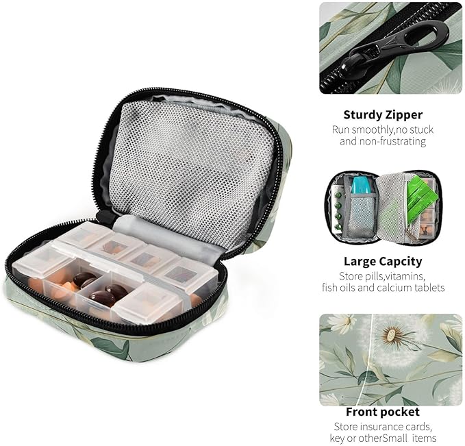 Pill Organizer Box Case Weekly Travel Pill Container Holder 7Day Cute Vitamin Organizer Dispenser Sorter Planner Storage Small Compact Sage Green Dandelion10