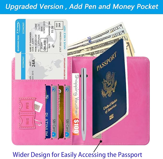 Passport Holder With Luggage Tag Travel Essentials Passport Cover Wallet RFID Blocking Leather Case International Must Haves Travel Accessories Women Men(115#Pink)