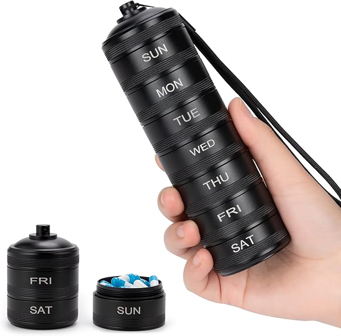 Pill Organizer Weekly Metal Travel Pill Box Waterproof - 7 Day Large Aluminum Alloy Pill Container, Portable Daily Pill Case for Vitamin, Medicine, Supplement, Fish Oil
