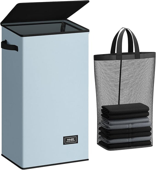 SOLEDI Laundry Hamper with Lid 100L Large & Tall Collapsible Laundry Basket, Clothes Hamper with Bag Removable Easy to Carry, Dirty Hampers for Bedroom, Bathroom, Dorm, College, Blue Grey