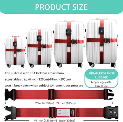Cross Luggage Strap Belt for 20"-32" Suitcase with TSA Approved 3-Dial Combination Lock Wide Adjustable Packing Straps Travel Accessories, Red