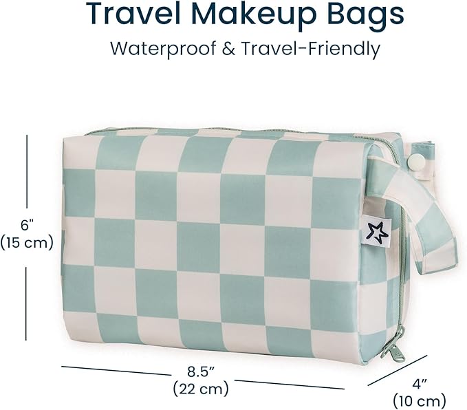 Tiny Twinkle Waterproof Travel Toiletry & Makeup Bag Organizer | Large Capacity Cosmetic Case with Compartments & Handle, A Thoughtful Travel Companion for Women（Sage Checkers