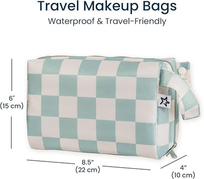 Tiny Twinkle Waterproof Travel Toiletry & Makeup Bag Organizer | Large Capacity Cosmetic Case with Compartments & Handle, A Thoughtful Travel Companion for Women（Sage Checkers