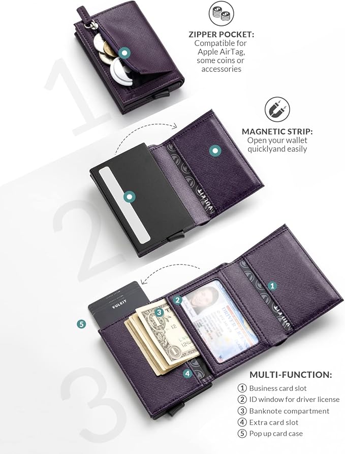 VULKIT Pop up Wallet Minimalist Cash Wallets RFID Blocking Leather Smart Credit Card Holder with Magnetic Closure for Men