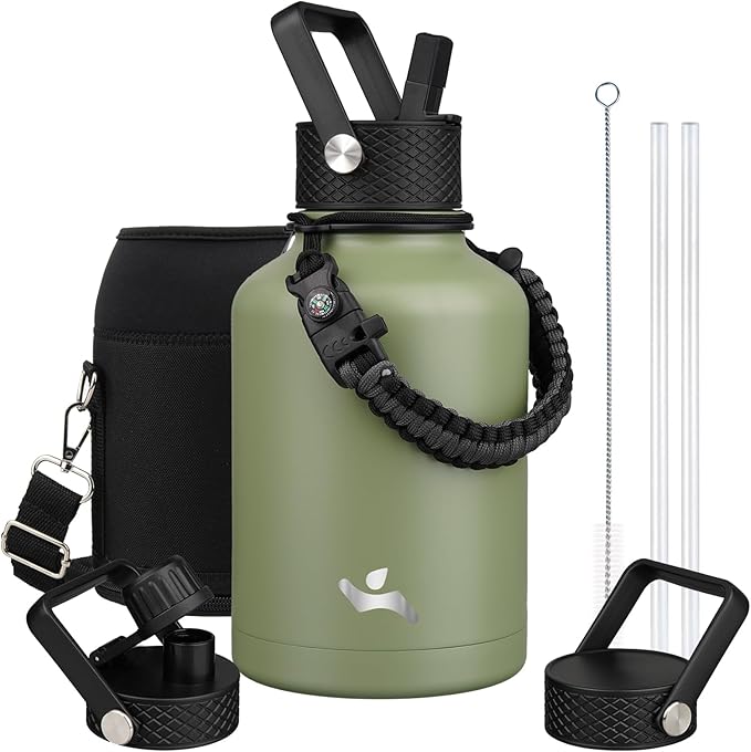 Insulated Water Bottle with Straw,50 oz 3 Lids Water Jug with Carrying Bag,Paracord Handle,Double Wall Vacuum Stainless Steel Metal Flask,Camp Green