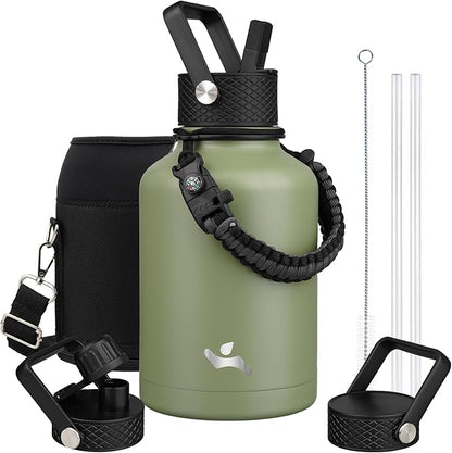 Insulated Water Bottle with Straw,50 oz 3 Lids Water Jug with Carrying Bag,Paracord Handle,Double Wall Vacuum Stainless Steel Metal Flask,Camp Green