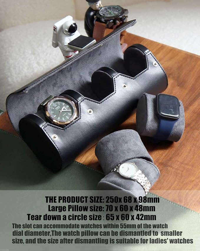 Premium Leather Watch Travel Case - 3 Slot Portable Storage Box With Variable Size Pillow Design, Roll Organizer for Men and Women, Black With Faux Suede Fabric Lining