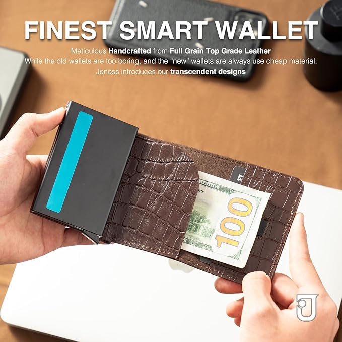 Jenoss Smart Wallet For Men: Full Grain Leather, Handcrafted, Slide Metal Pop Up Case, Slim RFID Blocking Credit Card Holder, Minimalist, Compact, 6-8 Cards Organizers, Front Pocket, Clip (Burgandy)