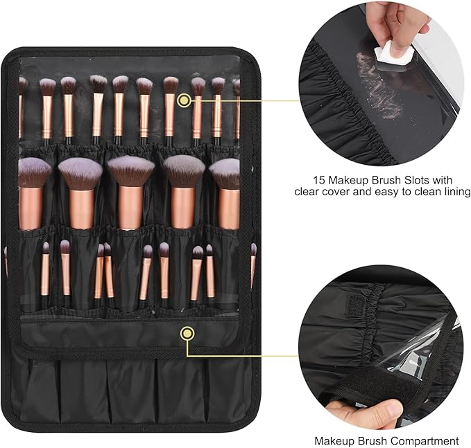 Relavel Makeup Bag with LED Mirror, Large Capacity Travel Cosmetic Organizer with Adjustable Compartments, Brush Holder & Detachable Strap, Black Storage Box for Makeup Artists