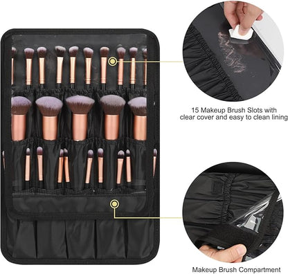 Relavel Makeup Bag with LED Mirror, Large Capacity Travel Cosmetic Organizer with Adjustable Compartments, Brush Holder & Detachable Strap, Black Storage Box for Makeup Artists