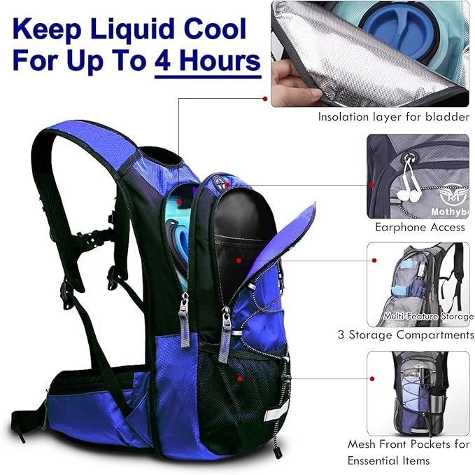 Insulated Hydration Backpack Pack with 3L BPA Free Leak Proof Water Bladder, Large Storage Lightweight Hiking Daypack with Waist Pouches & Cooler Layer, for Running, Biking, Camping, Festival
