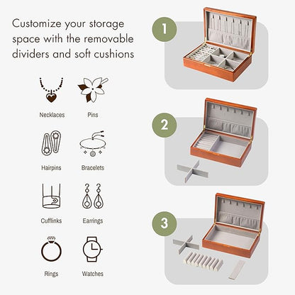 Wooden Jewelry Box for Women, Medium Size Real Natural Solid Wood Antique Organizer with Earring Storage, Ring Compartments, Built in Necklace Hooks, ek11-m
