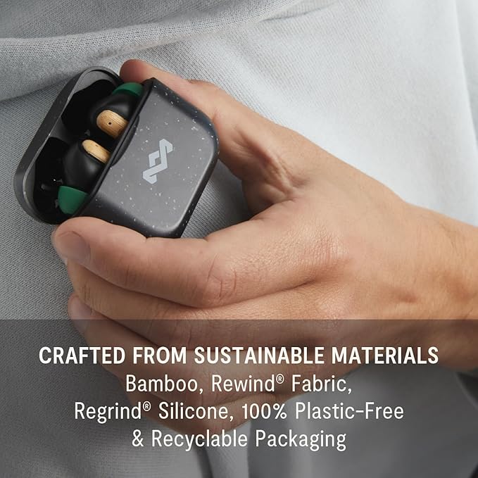 House of Marley Little Bird True Wireless Earbuds, Touch Controls, Built-in Mic, 24 Hours Playtime with Case, USB-C Quick Charge, Sustainable Materials, Movie and Gaming Mode, Black