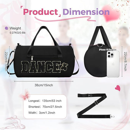 Dance Bag for Girls, KUIRAN 23L Waterproof Travel Duffel Bag with Colorful Chenille Letter, Lightweight Small Gym Sport Ballet Weekender Bag with Large Main Compartment - Black/Gold