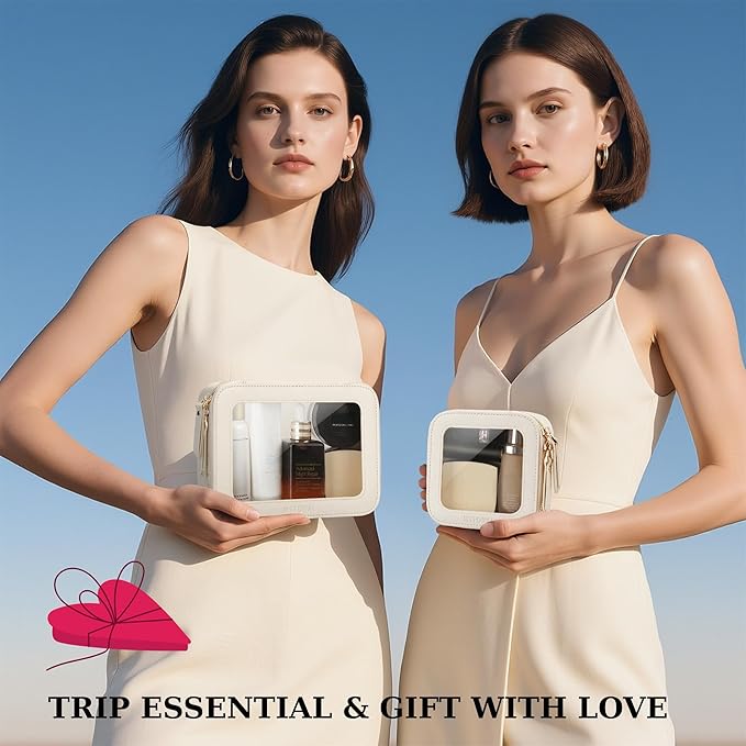 Clear Makeup Bag, Travel Toiletry Bag Cosmetic Case for Women, Waterproof Portable Make Up Skincare Pouch with Zipper, Compact Car Organizer Bag for Essentials, Mini & Medium, Beige