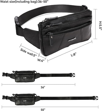 Genuine Leather Fanny Pack For Men and Women Multiple Pockets Waist Bag with Adjustable Strap for Outdoors Workout Traveling Casual Running Hiking Cycling Black Belt Bag