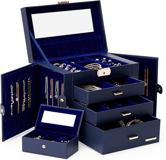 Homde 2 IN 1 Jewelry Box for Women Girls with Small Travel Case Mirror Necklace Ring Earrings Organizer - Christmas Gifts (Dark Blue + Gold)