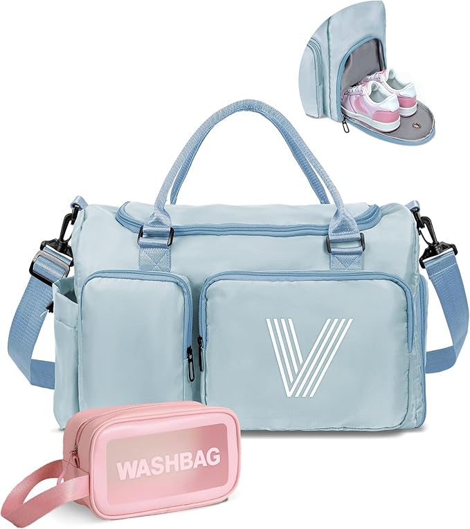 Girls Gift, Initial Gym Bag, Kids Travel Duffle Bag, Sports Bag, Personalized Weekender Bag, Overnight Bag, Light Blue, V