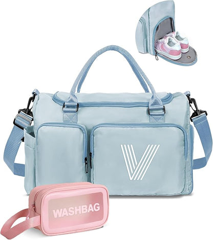 Girls Gift, Initial Gym Bag, Kids Travel Duffle Bag, Sports Bag, Personalized Weekender Bag, Overnight Bag, Light Blue, V