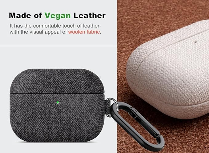 Handmade Case - for AirPods Pro 3 Case Cover with Key Chain - Selected Skin-Friendly Vegan Leather, Woolen Fabric Cloth Style, Shockproof Hard Cover for AirPods Pro 3rd Generation - Black