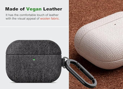 Handmade Case - for AirPods Pro 3 Case Cover with Key Chain - Selected Skin-Friendly Vegan Leather, Woolen Fabric Cloth Style, Shockproof Hard Cover for AirPods Pro 3rd Generation - Black