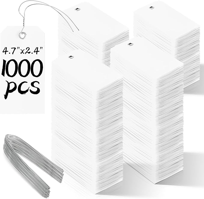 1000 Pieces Plastic Shipping Tags with Wire Labeling Tags Waterproof Hang Tags with Reinforcement Hole Writable Luggage tag Loops for Equipment Inventory Parts Garage (White, 4 3/4" x 2 3/8")
