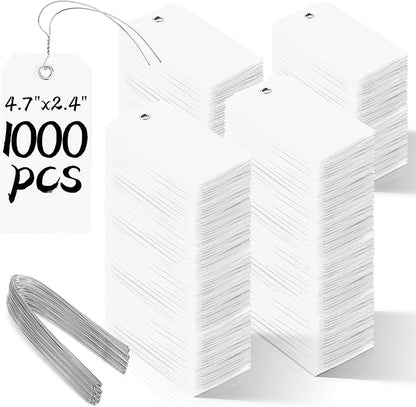 1000 Pieces Plastic Shipping Tags with Wire Labeling Tags Waterproof Hang Tags with Reinforcement Hole Writable Luggage tag Loops for Equipment Inventory Parts Garage (White, 4 3/4" x 2 3/8")
