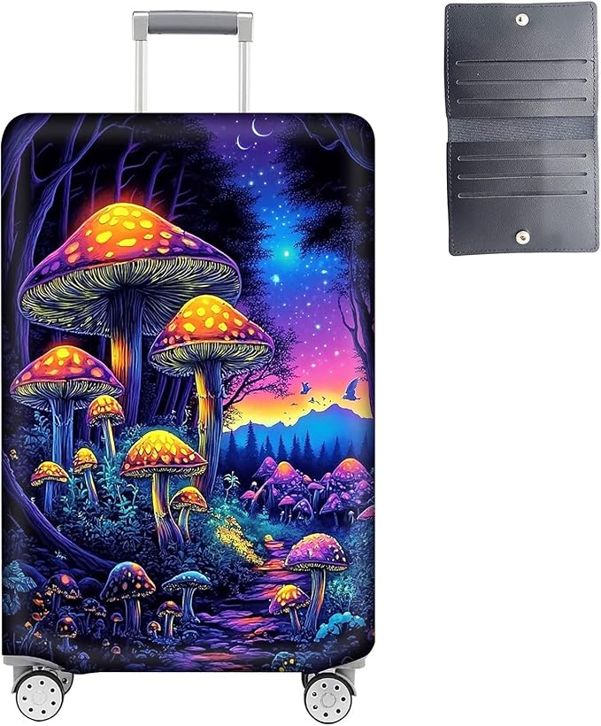 Luggage Cover Protector for 26-28 Inch Suitcases, TSA Approved Elastic Travel Suitcase Covers, Anti-Scratch Washable Luggage Sleeve for Carry On & Checked Bags, Mushroom Forest