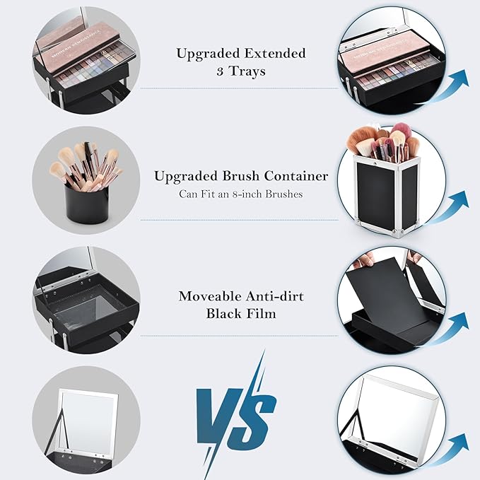 FRENESSA Makeup Train Case Makeup Box 11.8 Inch Large Makeup Case Organizer 3 Trays with Mirror Locking Cosmetic Storage Box for Cosmetics Nail Supplies Sewing Travel Case Black Floral