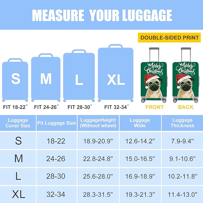 Christmas Pug Luggage Cover, Washable Cute Dog Suitcase Cover, Animal Suitcase Protector Anti-scratch Bag cover,L