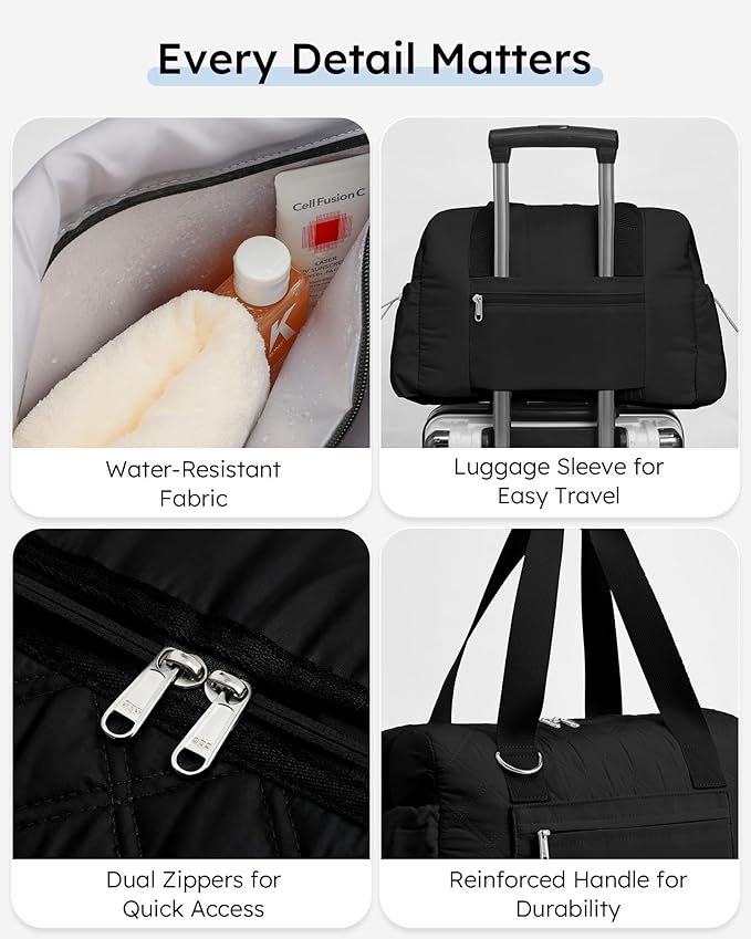 Kookoomia Puffer Gym Bag for Women, Quilted Weekender Bag for Travel, Lightweight Carry on Duffle for Sports Workout Dance Ballet Yoga Gymnastics Hospital with Wet Pocket, Black