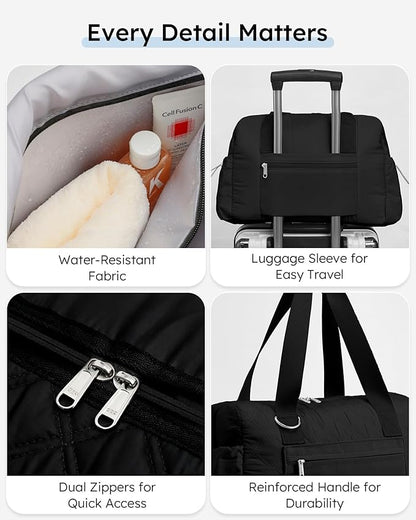 Kookoomia Puffer Gym Bag for Women, Quilted Weekender Bag for Travel, Lightweight Carry on Duffle for Sports Workout Dance Ballet Yoga Gymnastics Hospital with Wet Pocket, Black
