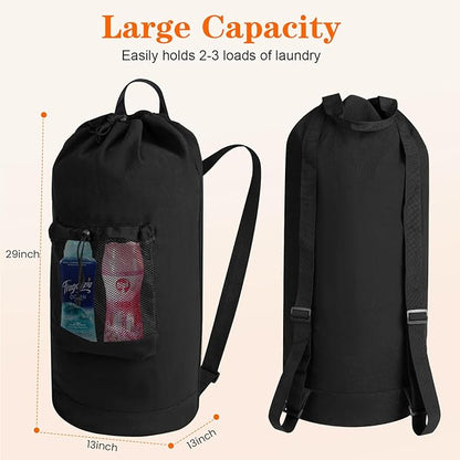 Canvas backpack laundry bag, laundry backpack with shoulder straps and mesh pockets, durable laundry basket bag with drawstring closure, suitable for college, laundromats, and apartments.