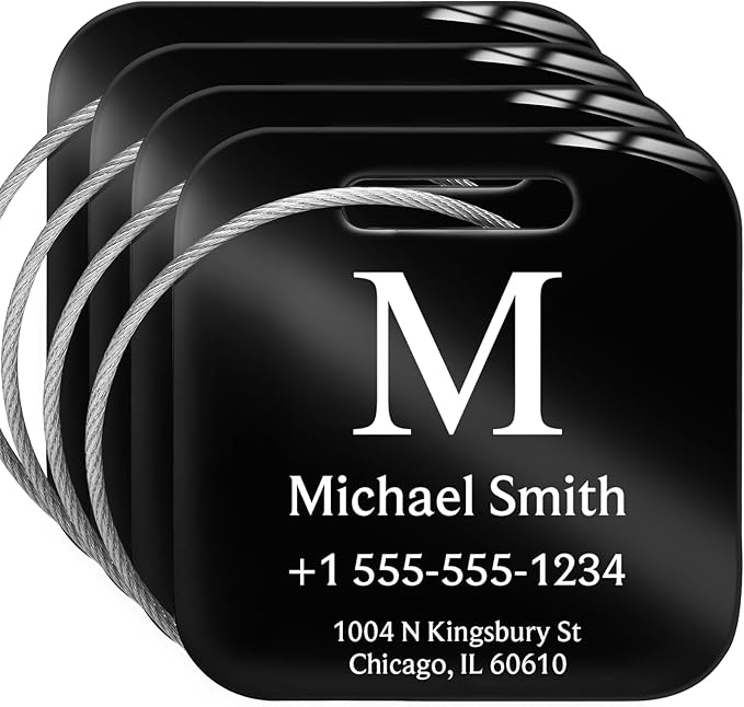 Stainless Luggage Tags for Suitcases 4 Pack: Metal Personalized Luggage Tags for Backpacks & Bags with Customizable Texts (Black)