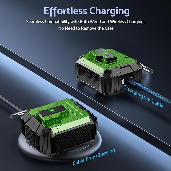 DASFOND Armor Cover AirPods 2nd & 1st Generation Case, Military Grade Full Body Shockproof Protection Hard Case, Support Wireless Charging with Keychain, Magnetic Lid, Front LED Visible, Green