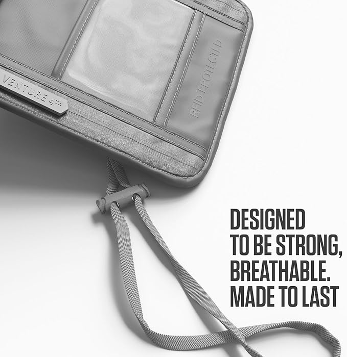 VENTURE 4TH Neck Wallet, RFID Blocking Passport Holder for Travel – Hidden Neck Pouch with 5 Compartments, Slim Lightweight Organizer with Adjustable Strap for Cash, Cards & Passport (Sleek Silver)