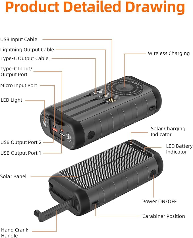 Solar Charger, 59800mAh Portable Power Bank for All Phones, Outdoor Waterproof Battery Pack Built in Hand Crank, 15W Wireless Charger 6 Outputs & 3 Inputs/LED Flashlights, Perfect for Camping Travel