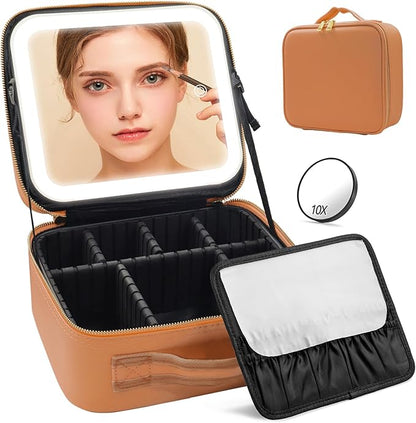 Makeup Case, Lighted Mirror, Travel, Waterproof, Brown